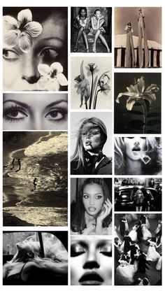 black and white photos with flowers in the middle, one woman's face is surrounded by other images