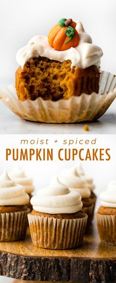 pumpkin cupcakes with white frosting and sprinkles on the top