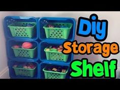 the diy storage shelf is filled with plastic containers and toys for kids to play in