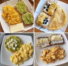 there are four different types of food on this plate, including eggs, bread and fruit