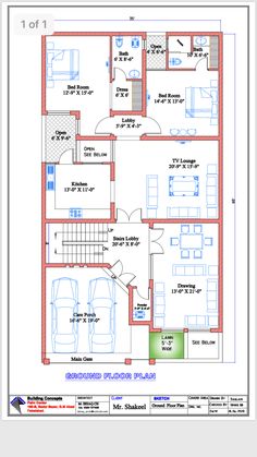 the floor plan for a house in india with three bedroom and an attached garage area