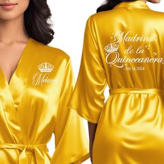 Satin yellow gold quince robes with white glitter. Madrina de la quinceanera getting ready robes. Custom Robes, Personalized Robe, Yellow Theme, Quinceanera Party, Quince, Womens Robes, Toddler Sizes, Quinceanera, How To Feel Beautiful