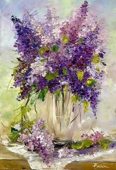 a painting of purple flowers in a white vase