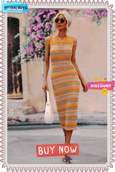 Vacays Chevron Knit Midi Dress - Orange Casual Spring Sweater Dress For Beach, Casual Spring Sweater Dress For The Beach, Casual Summer Knit Sweater Dress, Spring Ribbed Multicolor Dress, Spring Multicolor Ribbed Dresses, Multicolor Ribbed Dresses For Spring, Casual Summer Sweater Dress For Day Out, Casual Knitted Sweater Dress For Summer, Casual Sleeveless Sweater Dress For Summer