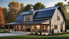 a barn style house with a metal roof