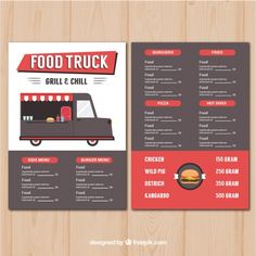 a food truck menu is shown on a wooden table with a red and gray background