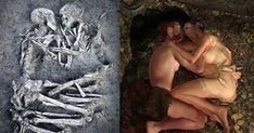 two pictures of people in different poses next to each other with skeletons on the ground