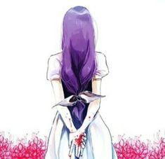 a drawing of a woman with purple hair wearing a white dress and holding her hands behind her back