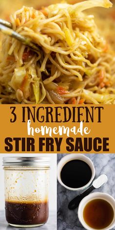 three ingredients to make stir fry sauce in jars and spoons with text overlay that reads, 3 ingredient goes with everything stir fry fry sauce