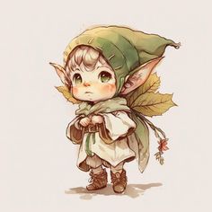 a drawing of a little elf with leaves on her head