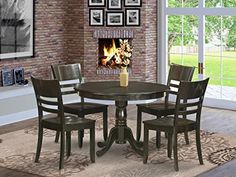 a dining table with four chairs and a fireplace in the background