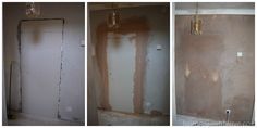 three pictures of the inside of a room with paint on the walls and drywall