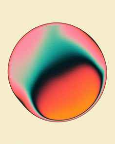 an orange and pink circular object on a beige background with light green, red, and blue colors