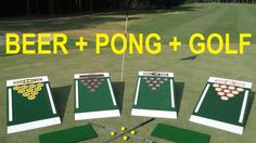 an advertisement for beer pong and golf on the grass with several shots in front of it