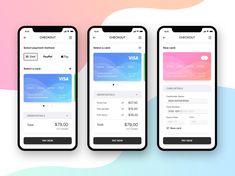 three smartphones with different credit cards on them