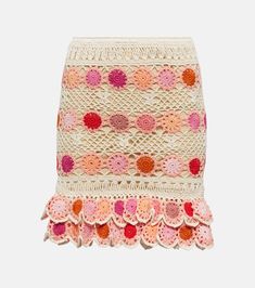 Bouquet floral cotton crochet miniskirt in multicoloured - Anna Kosturova | Mytheresa Summer Crochet Lace Skirt, Summer Crochet Skirt In Beige, Bohemian Mini Cotton Skirt, Summer Beige Crochet Skirt, Bohemian Mini Skirt In Cotton, Beige Crochet Skirt For Summer, Fitted Cotton Skirt With Crochet Trim, Cotton Mini Skirt For Vacation, Summer Cotton Mini Skirt For Vacation