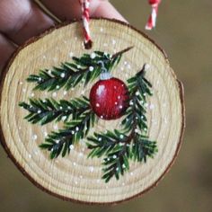 a hand is holding a christmas ornament with holly and an apple on it