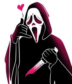 a person with a knife in their hand and wearing a hooded outfit, holding a heart