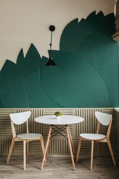 two white chairs sitting at a table in front of a green wall with mountains on it