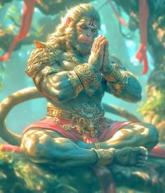 a monkey sitting in the middle of a forest with his hands clasped to his chest