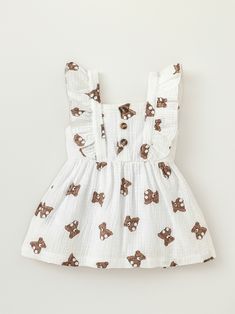 This adorable Baby Girl Brown Teddy Bear Print Cotton Ruffle Dress, the perfect gift for spring and summer! This charming dress features an adorable teddy bear print on soft and breathable cotton fabric. The ruffle details add an extra touch of sweetness to the outfit. Made with comfort in mind, this dress ensures your little one stays cool and stylish during the warmer seasons. Whether it's for a family gathering, a photo shoot, or everyday wear, this dress is sure to make your baby girl look even more adorable. Treat her to our Baby Girl Brown Teddy Bear Print Cotton Ruffle Dress and embrace the cuteness!Composition: 100% Cotton Teddy Bear Print, Brown Teddy Bear, Striped Bodysuit, Girls Stripes, Themed Outfits, Bear Print, Adorable Baby, Family Gathering, Ruffle Dress