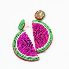 Size:Length: 7.5 cm (3 inch)Width: 2.8 cm (1.1 inch)Bead Embroidery watermelon Fruit Earrings, food earrings, jewelry summer bright funny drop dangle fruit beadwork.Watermelon earrings will be fun to wear. These earrings are perfect for gift giving. These earrings will come in Gift Box.Comfortable beads spacers. For a special occasion and just for every day! Summer Earrings With Large Beads, Green Beaded Fun Earrings, Summer Large Beaded Drop Earrings, Summer Dangle Jewelry With Large Beads, Large Beaded Drop Earrings For Summer, Summer Party Jewelry With Round Beads, Summer Party Jewelry With Large Beads, Handmade Fun Beaded Earrings For Festivals, Fun Beaded Earrings For Festival