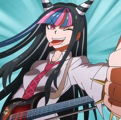 an anime character with long black hair holding a guitar and pointing to the side while standing in front of a blue background