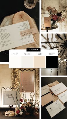 wedding color palettes for the bride and groom to choose from, including black, white, pink, gold