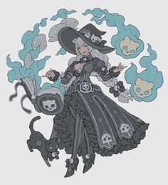 a drawing of a woman in a witches costume with skulls on her feet and a cat