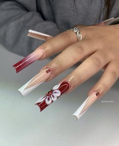 Xxl Red Acrylic Nails, Birthday Nails Red And White, Red Xl Nails, White Nails With Red Rhinestones, White And Burgundy Nails, Latina Nails Red, Red Tapered Square Nails, Red Exotic Nails, Baddie Nail Art Designs