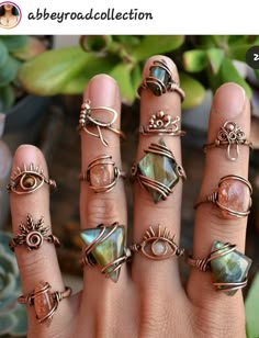 a woman's hand with five rings on it and some succulent plants