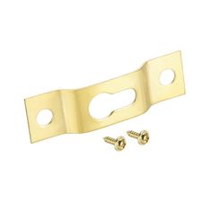 two brass plated metal brackets with screws on each side, one is facing the other