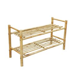 a wooden bench with two shelves on each side