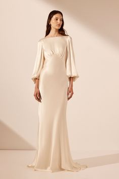 La Lune Open Back Balloon Sleeve Maxi Dress | Cream | Dresses | Shona Joy Shona Joy Wedding, Satin White Maxi Dress, Slick Wedding Dresses, Wedding Dresses For Over 50, Kimono Wedding Dress, Shona Joy La Lune, Maternity Bridal Gowns, Cream Dresses, Dream Proposal