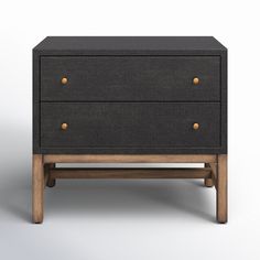 a black and brown dresser with two drawers on it's legs, against a white background