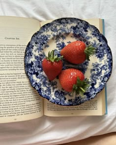 three strawberries on a blue and white plate next to an open book