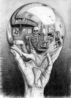 a drawing of a skeleton sitting in front of a glass ball with the image of a house inside it