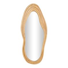 an oval wooden mirror on a white background