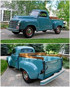 an old blue pickup truck parked in front of a house and another photo of it