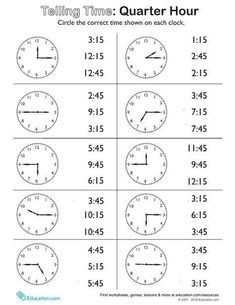 telling time quarter hour worksheet for students to practice counting the numbers on clocks