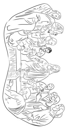 a line drawing of people standing in front of a wall