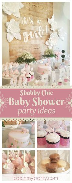 baby shower party with cupcakes, cakes and desserts in pink and white