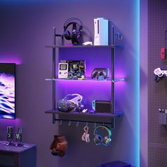 a room with purple lighting and various items on shelving above the shelves in front of it