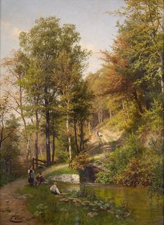 a painting of people sitting on the bank of a stream in a wooded area with trees