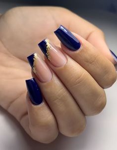 Navy Nails Design, Blue Gold Nails, Blue Prom Nails, Blue Gel Nails, Gold Acrylic Nails, Navy Nails, Formal Nails, Blue Acrylic Nails, Gold Nail