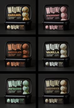 six images of different flavors of waunu and chocolate ice creams on display