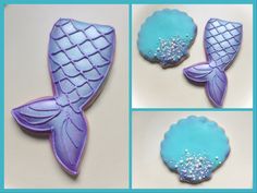 the cookies are decorated with blue icing and have mermaid tail designs on them, along with pearls