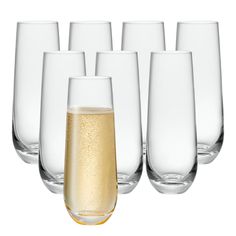 six wine glasses are lined up in a row and one glass is filled with champagne