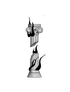 a black and white drawing of a column with flames coming out of the top one