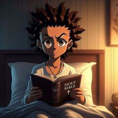 a person laying in bed reading a book with an anime character on the cover behind them